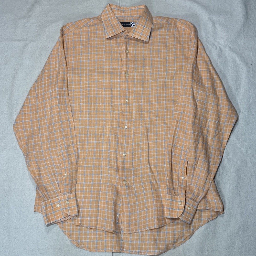 Saks Fifth Avenue Womens Size 17 100% Linen Long Sleeve Button Front Shirt Plaid